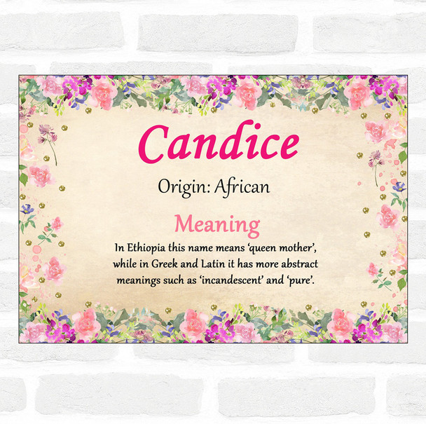 Candice Name Meaning Floral Certificate