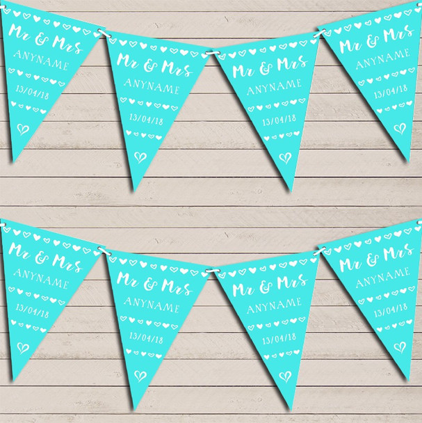 Mr & Mrs Hearts Aqua Blue Wedding Day Married Bunting Garland Party Banner