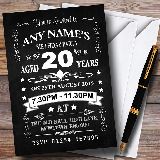 Vintage Chalkboard Style Black And White 20Th Birthday Party Customised Invitations