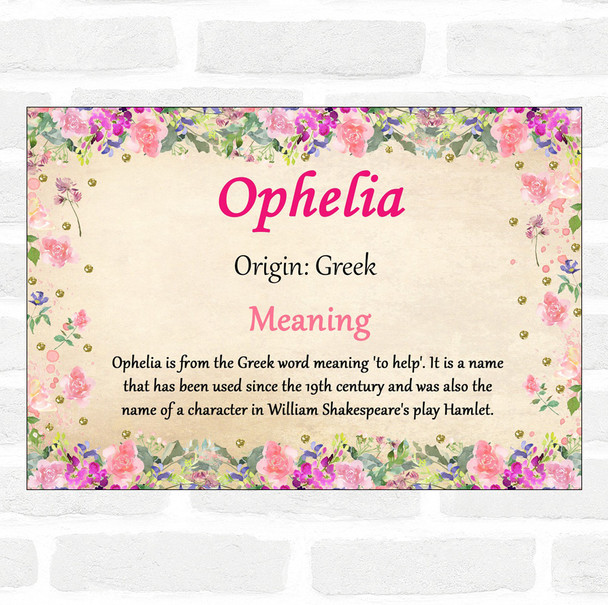 Ophelia Name Meaning Floral Certificate