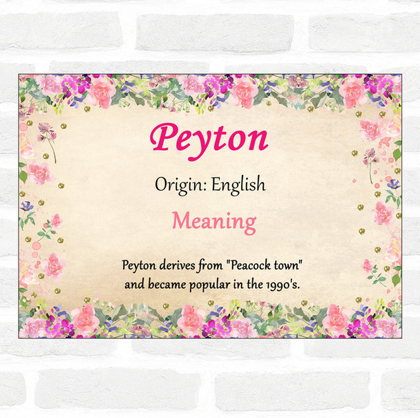 Peyton Name Meaning Floral Certificate