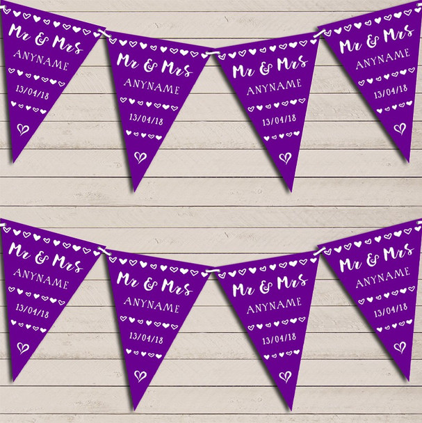 Mr & Mrs Hearts Purple Wedding Day Married Bunting Garland Party Banner