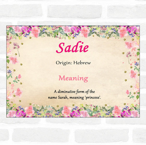 Sadie Name Meaning Floral Certificate