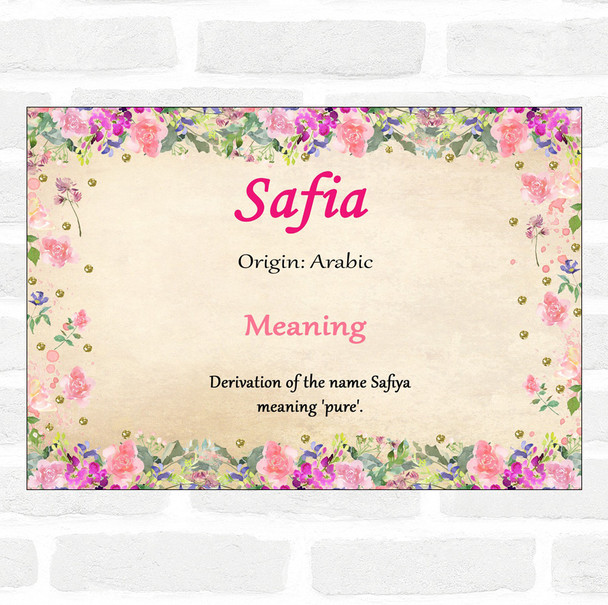 Safia Name Meaning Floral Certificate