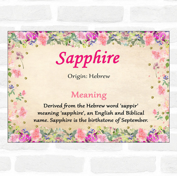 Sapphire Name Meaning Floral Certificate