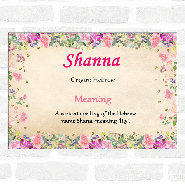 Shanna Name Meaning Floral Certificate