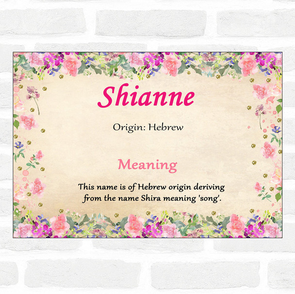 Shianne Name Meaning Floral Certificate