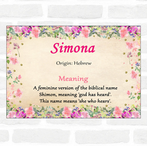 Simona Name Meaning Floral Certificate