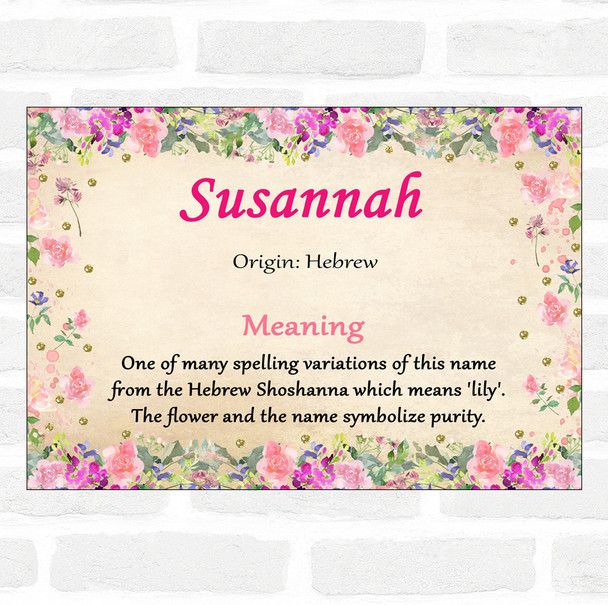 Susannah Name Meaning Floral Certificate
