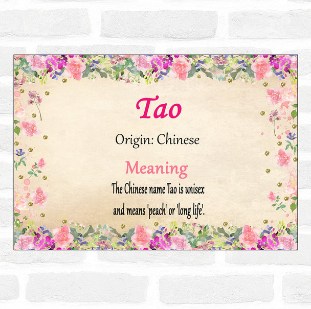 Tao Name Meaning Floral Certificate
