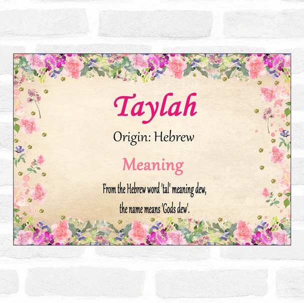 Taylah Name Meaning Floral Certificate