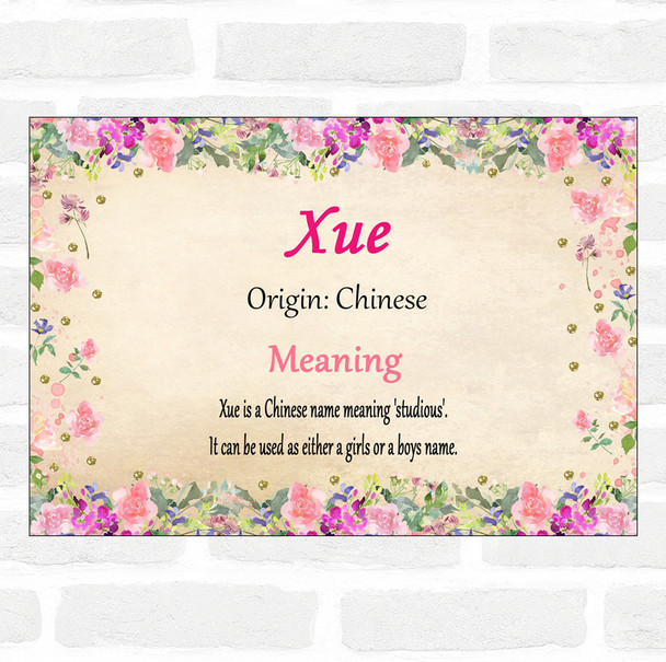 Xue Name Meaning Floral Certificate