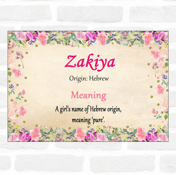 Zakiya Name Meaning Floral Certificate