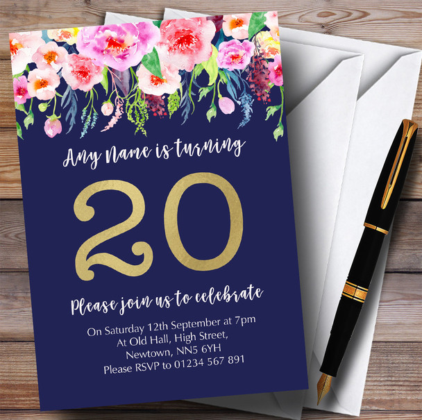 Blue & Pink Watercolour Flowers 20th Customised Birthday Party Invitations