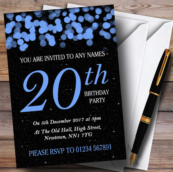 Blue Bokeh & Stars 20th Customised Birthday Party Invitations