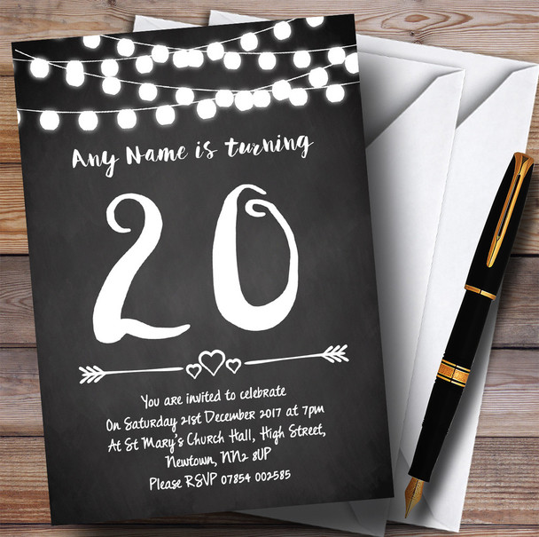 Chalk Style Lights 20th Customised Birthday Party Invitations