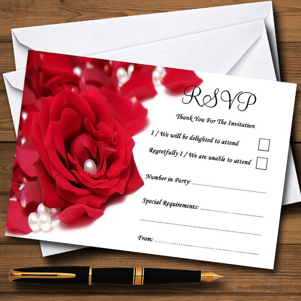 White Pearl Red Rose Petals RSVP Cards