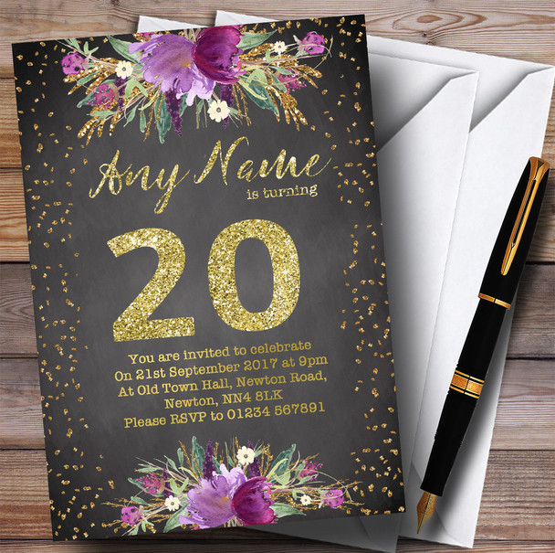 Chalk Watercolour Purple Gold 20th Customised Birthday Party Invitations