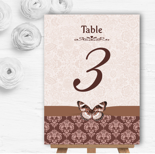 Brown Fawn Beige Vintage Floral Damask Butterfly Wedding Table Number Name Cards