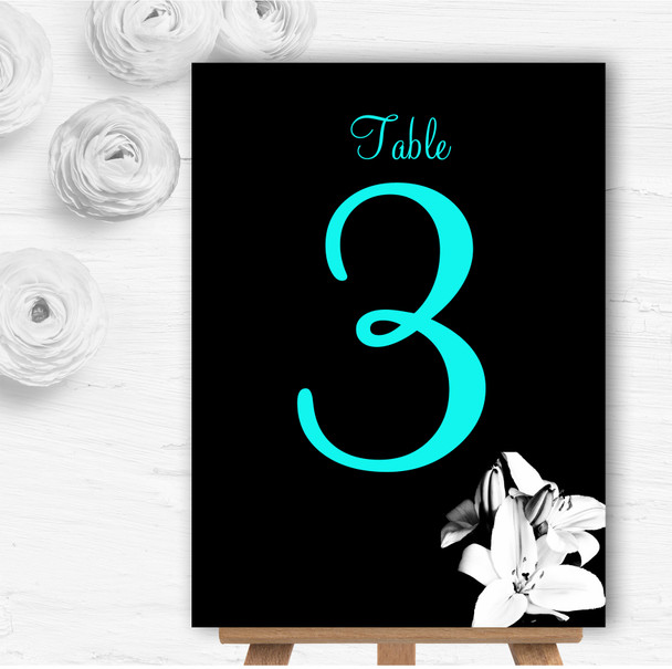 Stunning Lily Black White Turquoise Personalised Wedding Table Number Name Cards