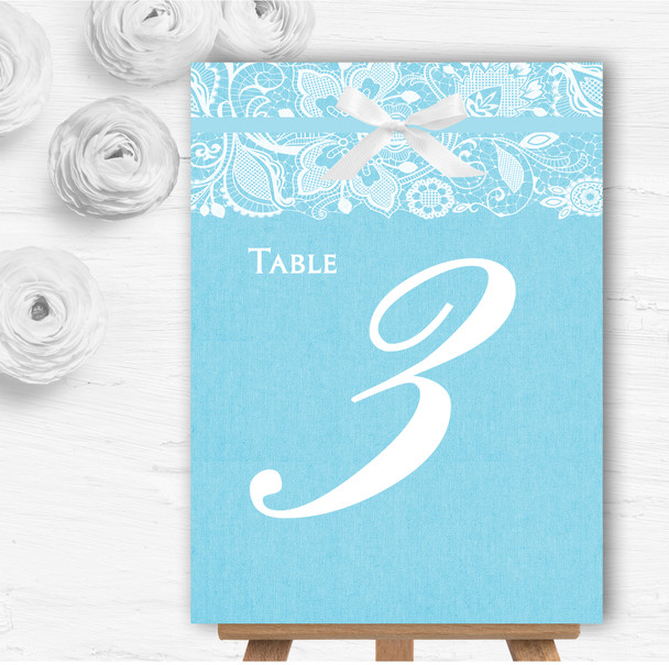 Vintage Aqua Sky Blue Burlap & Lace Personalised Wedding Table Number Name Cards