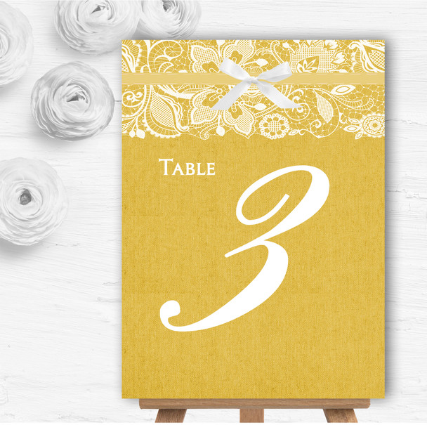 Vintage Golden Yellow Burlap & Lace Personalised Wedding Table Number Name Cards