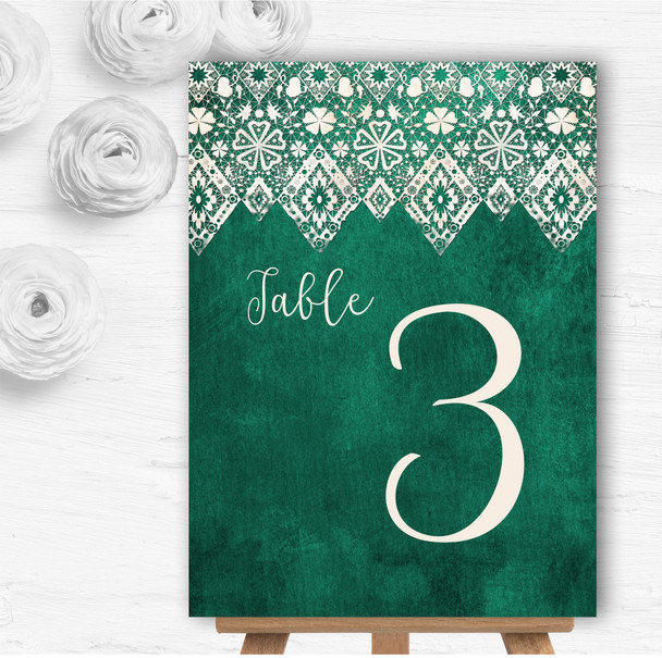 Teal Green Old Paper & Lace Effect Personalised Wedding Table Number Name Cards