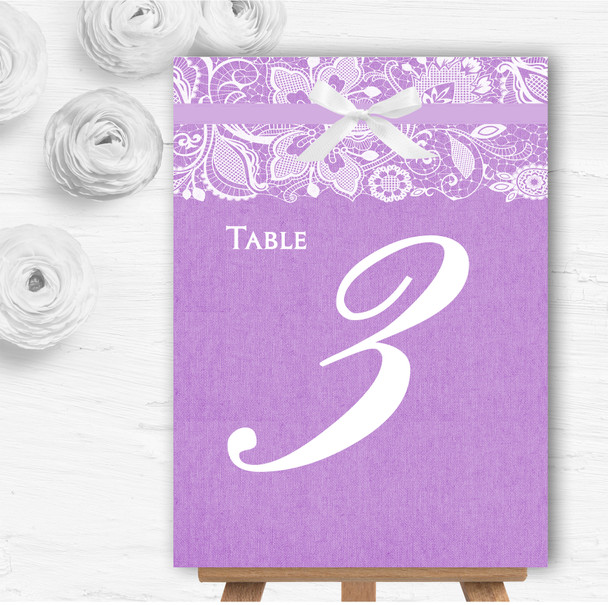 Vintage Lilac Purple Burlap & Lace Personalised Wedding Table Number Name Cards