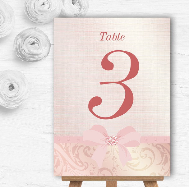 Pretty Pale Coral Pink Damask Bow Personalised Wedding Table Number Name Cards