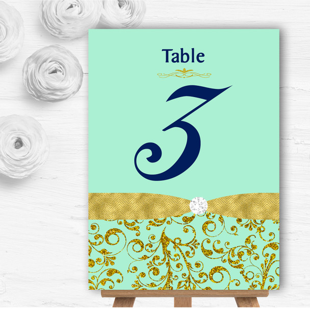 Gold And Cool Mint Green Vintage Personalised Wedding Table Number Name Cards