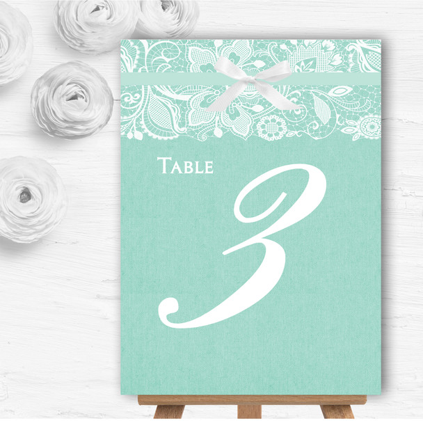 Vintage Mint Green Burlap & Lace Personalised Wedding Table Number Name Cards