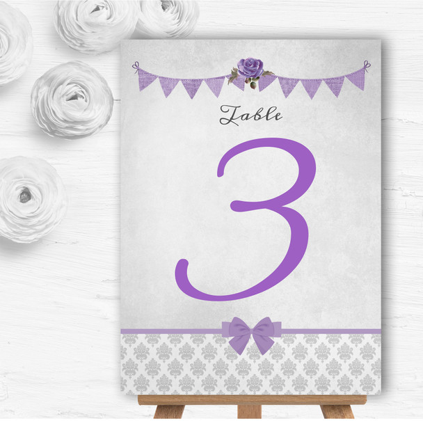 Vintage Rustic Style Bunting Purple & Silver Wedding Table Number Name Cards