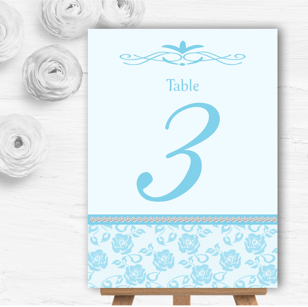 Pretty Sky Blue Floral Diamante Personalised Wedding Table Number Name Cards