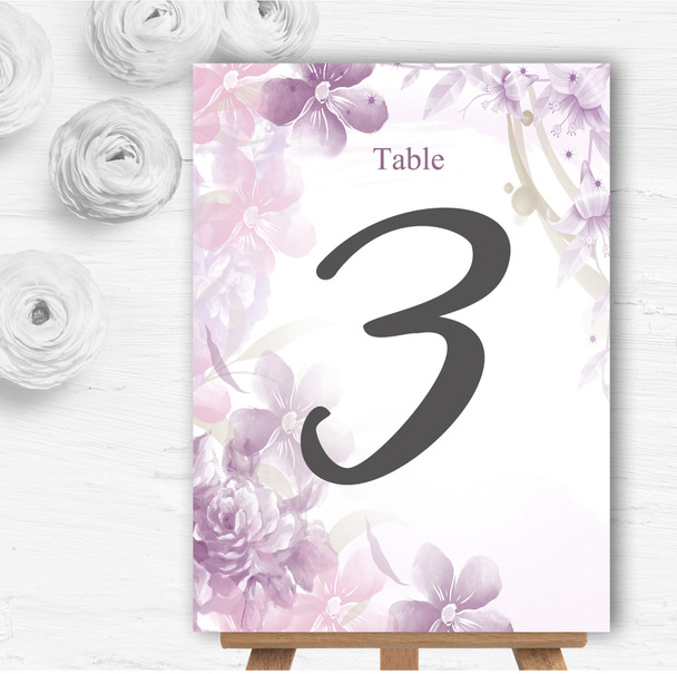 Pale Purple Watercolour Floral Personalised Wedding Table Number Name Cards