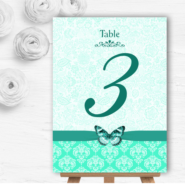 Mint Green Vintage Floral Damask Butterfly Wedding Table Number Name Cards