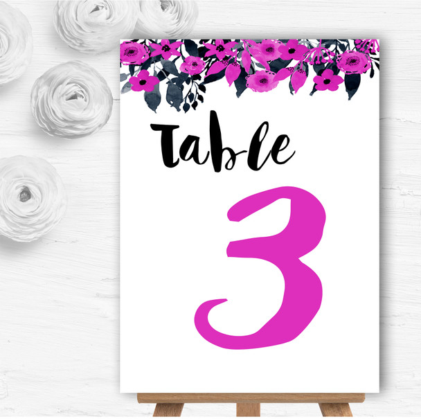 Watercolour Black & Hot Pink Floral Header Wedding Table Number Name Cards