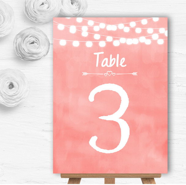 Coral Pink Lights Watercolour Personalised Wedding Table Number Name Cards