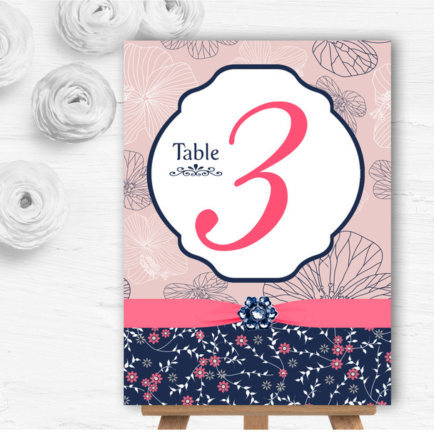 Navy Blue & Coral Pink Floral Personalised Wedding Table Number Name Cards