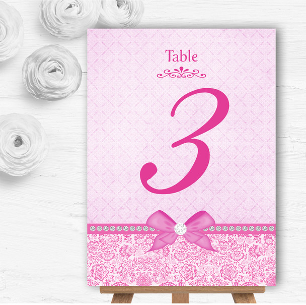 Pretty Floral Vintage Bow & Diamante Pink Wedding Table Number Name Cards