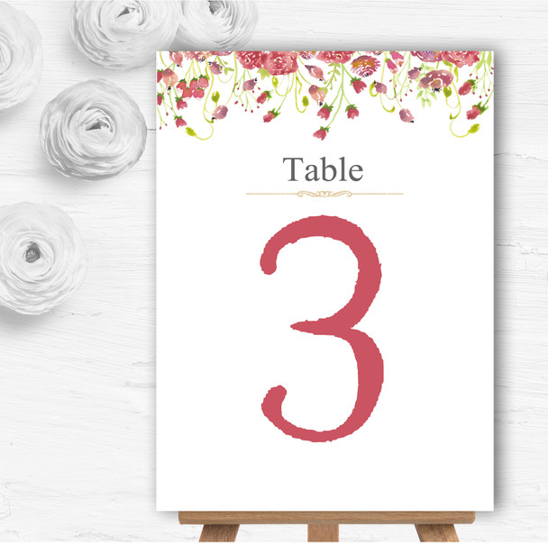 Plum Pink Watercolour Floral Personalised Wedding Table Number Name Cards