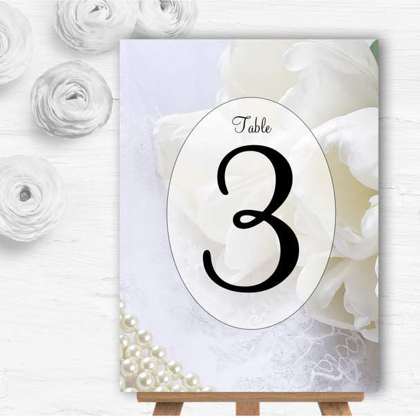 White Rose And Romantic Lace Personalised Wedding Table Number Name Cards