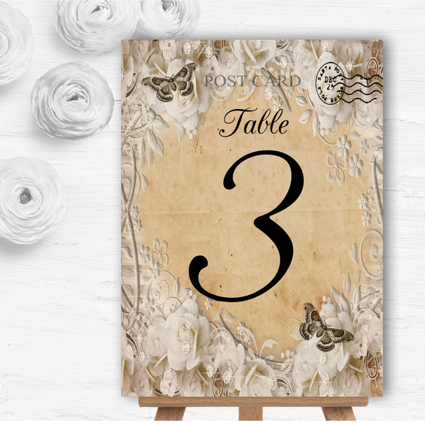 White Roses Vintage Shabby Chic Postcard Wedding Table Number Name Cards