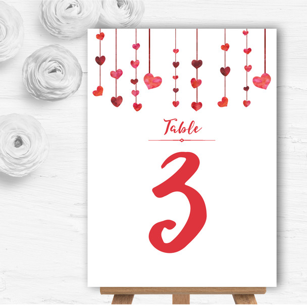 Red Watercolour Heart Drop Personalised Wedding Table Number Name Cards