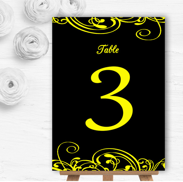 Black & Yellow Swirl Deco Personalised Wedding Table Number Name Cards