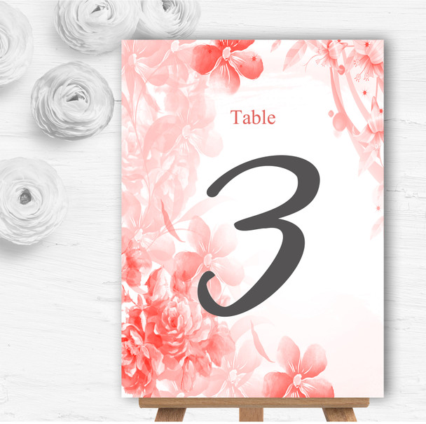 Coral Watercolour Floral Personalised Wedding Table Number Name Cards