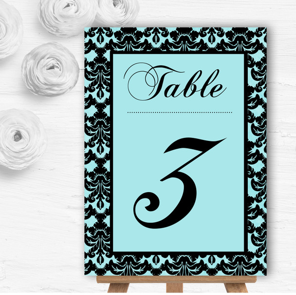 Aqua Sky Blue Black Damask & Diamond Wedding Table Number Name Cards