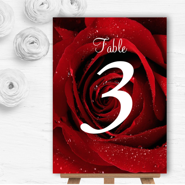 Deep Red Wet Rose Personalised Wedding Table Number Name Cards