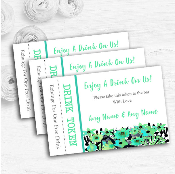 Black Aqua Mint Green Watercolour Flowers Custom Wedding Bar Free Drink Tokens