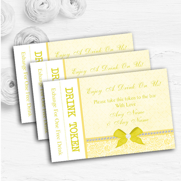 Pretty Floral Vintage Bow & Diamante Yellow Custom Wedding Bar Free Drink Tokens