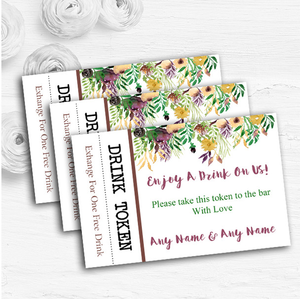 Autumn Plum Watercolour Floral Header Personalised Wedding Bar Free Drink Tokens